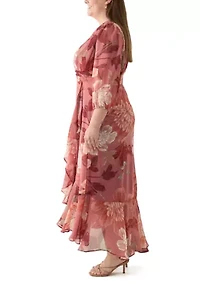 Plus 3/4 Sleeve V-Neck Floral Print Chiffon Maxi Dress