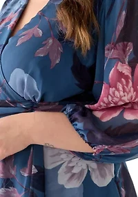 Plus 3/4 Sleeve V-Neck Floral Print Chiffon Maxi Dress