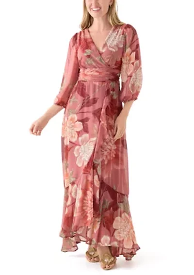 Women's 3/4 Sleeve Floral Chiffon Maxi Dress