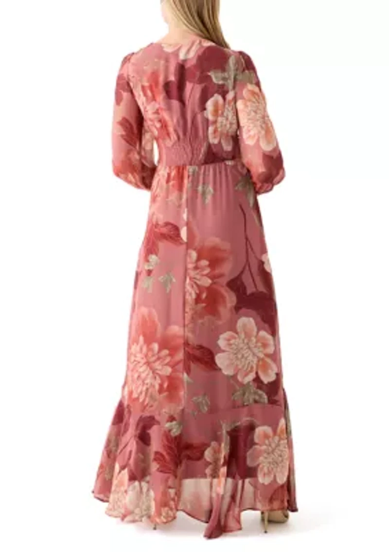 Women's 3/4 Sleeve Floral Chiffon Maxi Dress