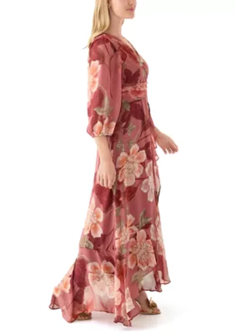 Women's 3/4 Sleeve Floral Chiffon Maxi Dress