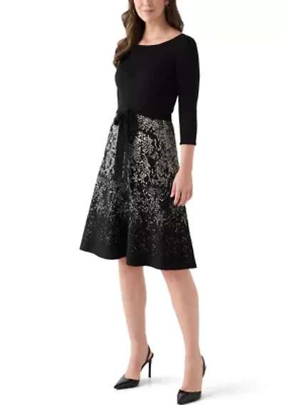 Women's Crew Neck Fit and Flare Print Sweater Dress