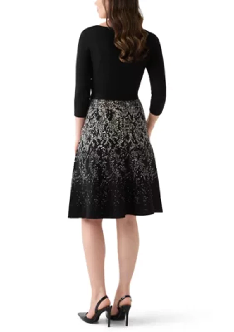 Women's Crew Neck Fit and Flare Print Sweater Dress