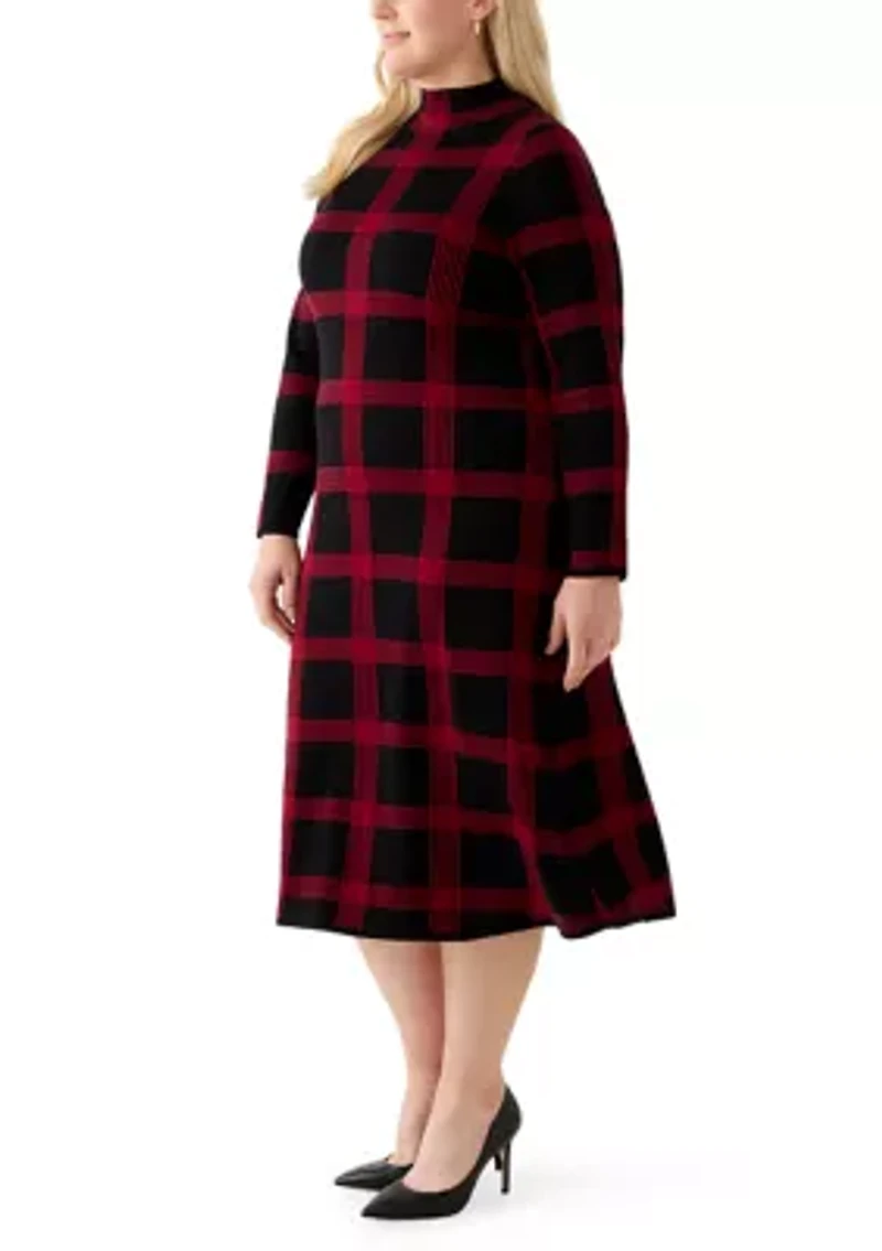Plus Long Sleeve Mock Neck A-Line Sweater Dress