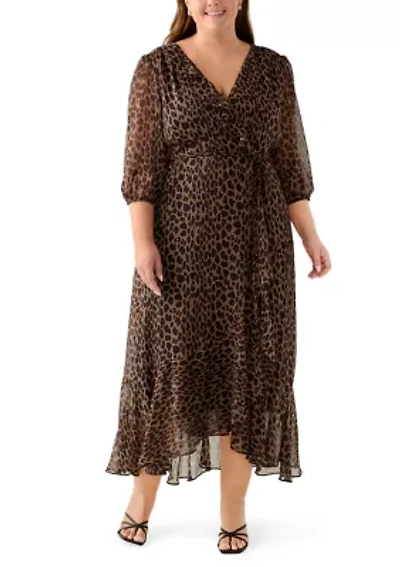 Plus V-Neck Animal Print Chiffon Maxi Dress