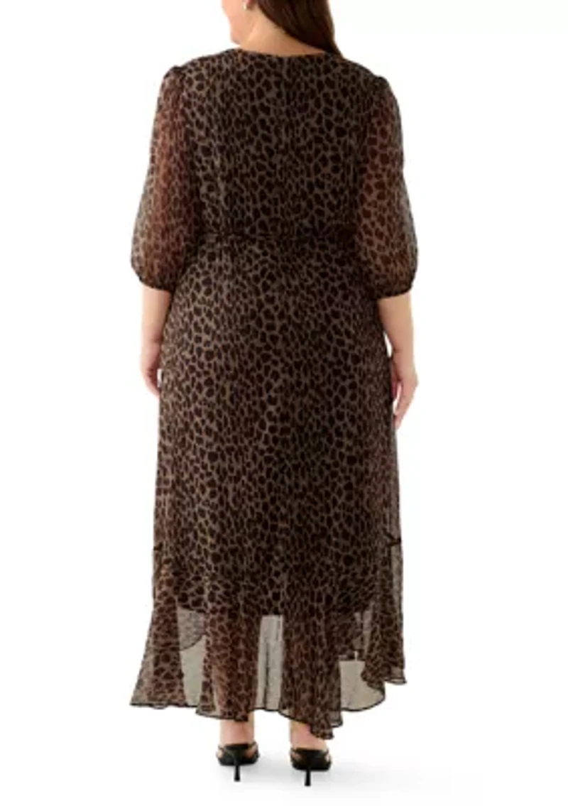 Plus V-Neck Animal Print Chiffon Maxi Dress