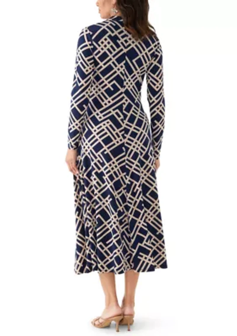 Women's Long Sleeve Print A-Line Midi Dress