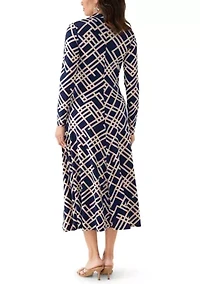 Women's Long Sleeve Print A-Line Midi Dress
