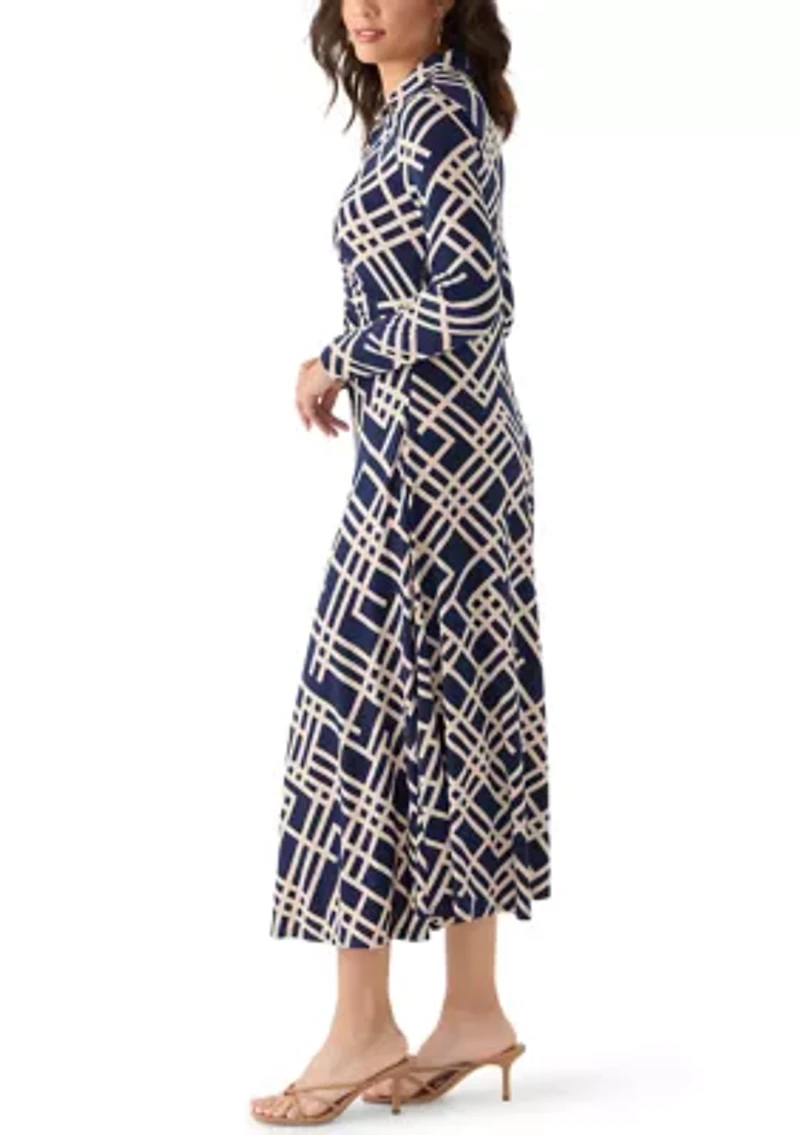 Women's Long Sleeve Print A-Line Midi Dress