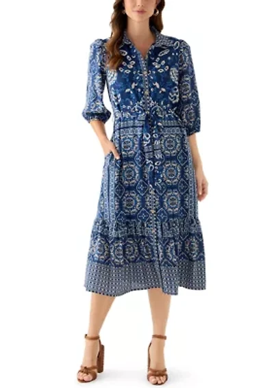 Women's Denim Print Three-Quarter Sleeve Midi Dress