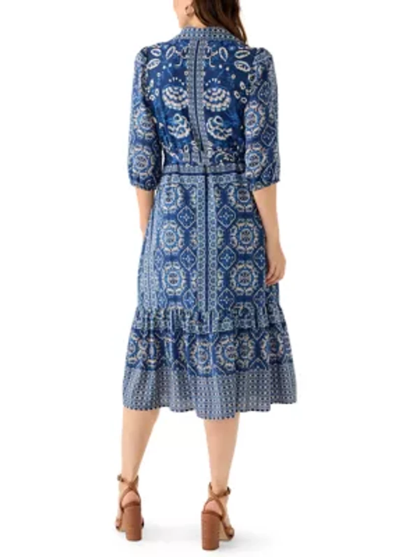 Women's Denim Print Three-Quarter Sleeve Midi Dress