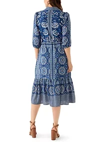 Women's Denim Print Three-Quarter Sleeve Midi Dress