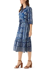 Women's Denim Print Three-Quarter Sleeve Midi Dress