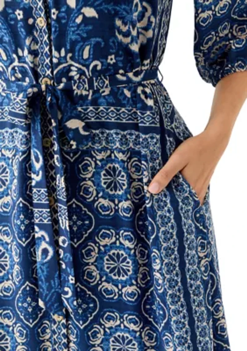 Women's Denim Print Three-Quarter Sleeve Midi Dress