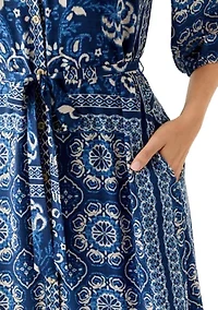 Women's Denim Print Three-Quarter Sleeve Midi Dress
