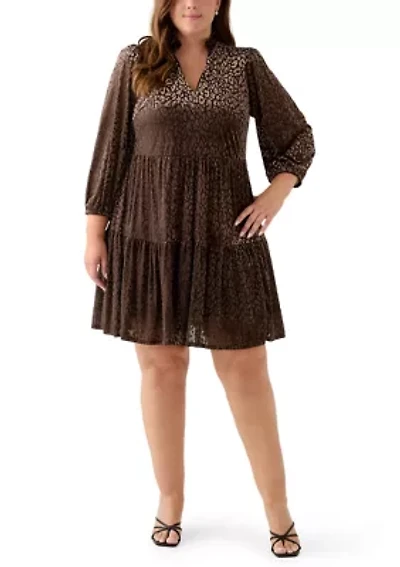 Plus 3/4 Sleeve V-Neck Animal Print Burnout Dress