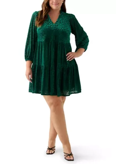 Plus 3/4 Sleeve V-Neck Animal Print Burnout Dress