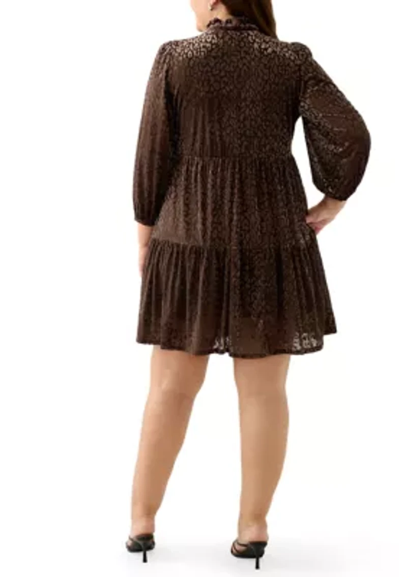 Plus 3/4 Sleeve V-Neck Animal Print Burnout Dress