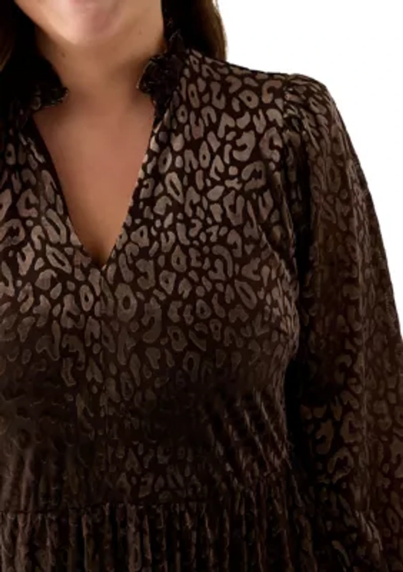 Plus 3/4 Sleeve V-Neck Animal Print Burnout Dress