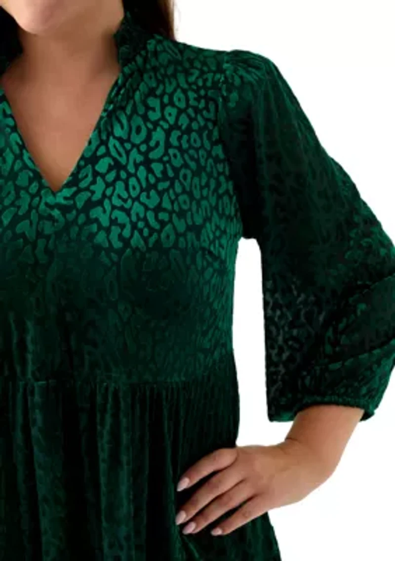 Plus 3/4 Sleeve V-Neck Animal Print Burnout Dress