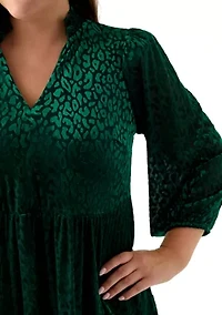 Plus 3/4 Sleeve V-Neck Animal Print Burnout Dress