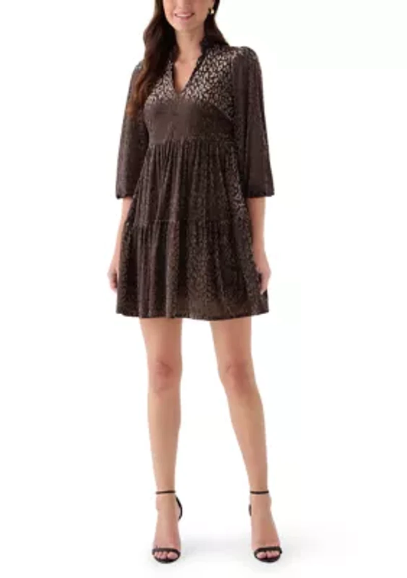 Women's 3/4 Sleeve V-Neck Animal Print Burnout Dress