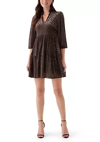 Women's 3/4 Sleeve V-Neck Animal Print Burnout Dress
