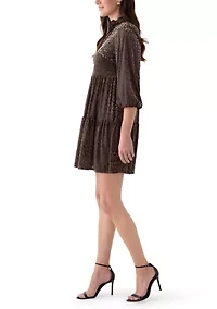 Women's 3/4 Sleeve V-Neck Animal Print Burnout Dress