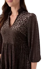 Women's 3/4 Sleeve V-Neck Animal Print Burnout Dress