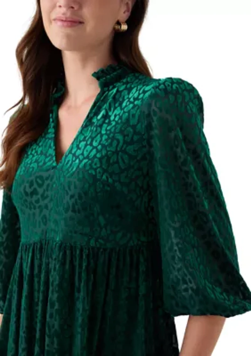 Women's 3/4 Sleeve V-Neck Animal Print Burnout Dress