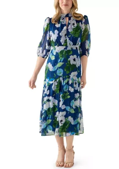 Women's Mock Neck Long Sleeve Chiffon Midi Dress