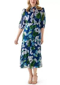 Women's Mock Neck Long Sleeve Chiffon Midi Dress