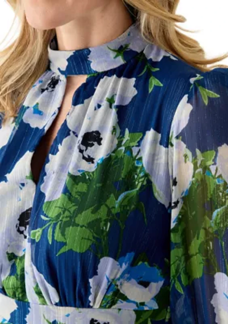 Women's Mock Neck Long Sleeve Chiffon Midi Dress