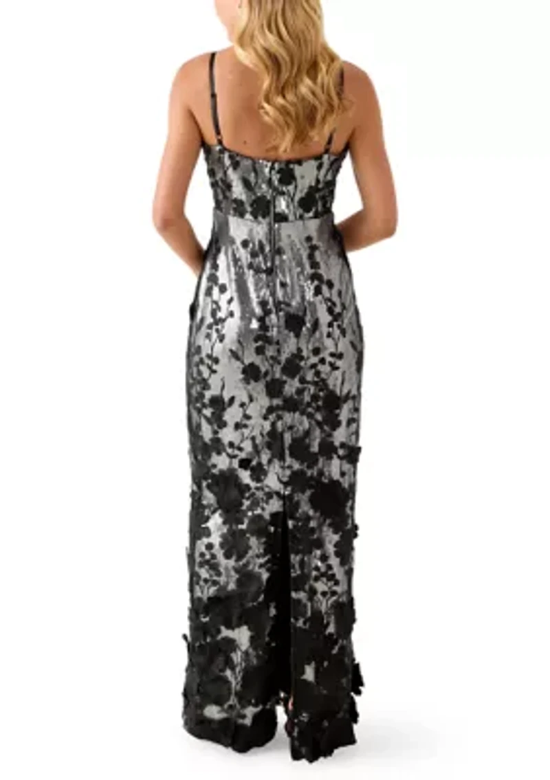 Women's Sleeveless Square Neck Sequin Embellished Gown