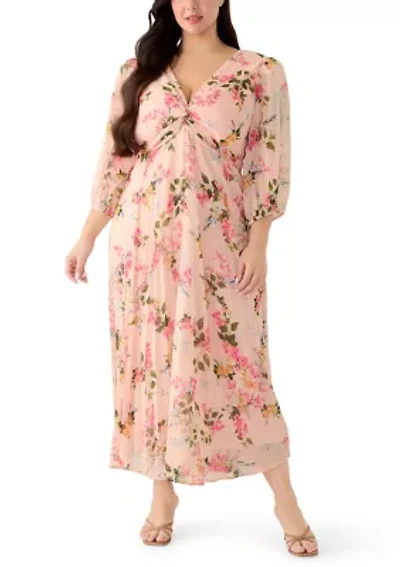 Plus Elbow Sleeve Pleated Floral Midi Dress