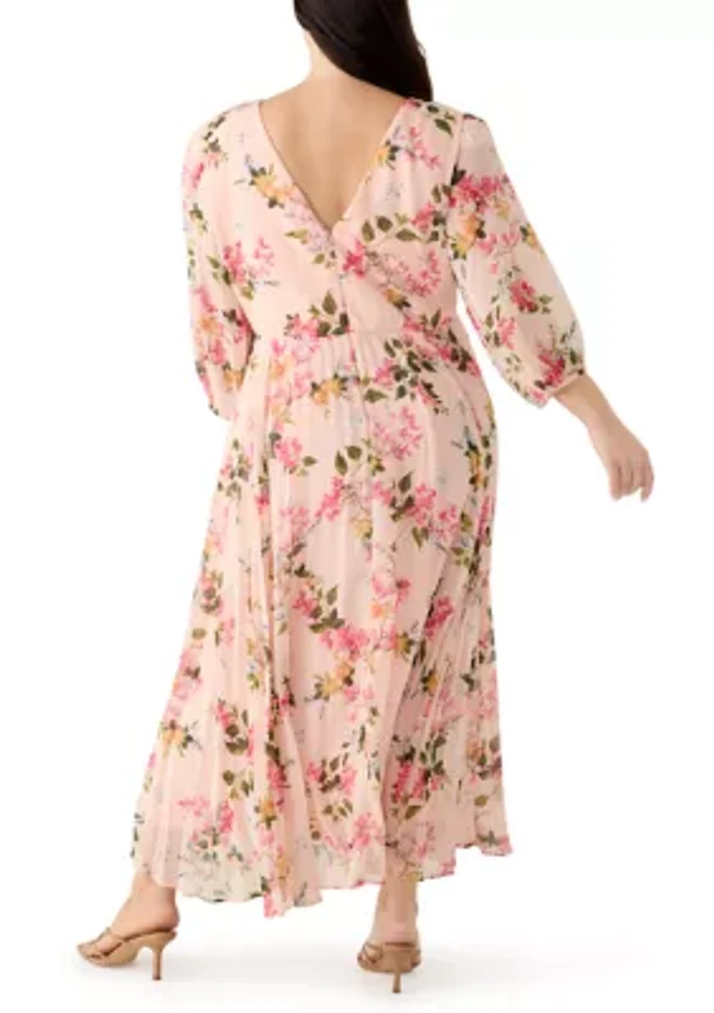 Plus Elbow Sleeve Pleated Floral Midi Dress
