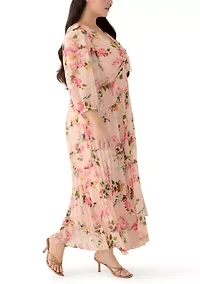 Plus Elbow Sleeve Pleated Floral Midi Dress