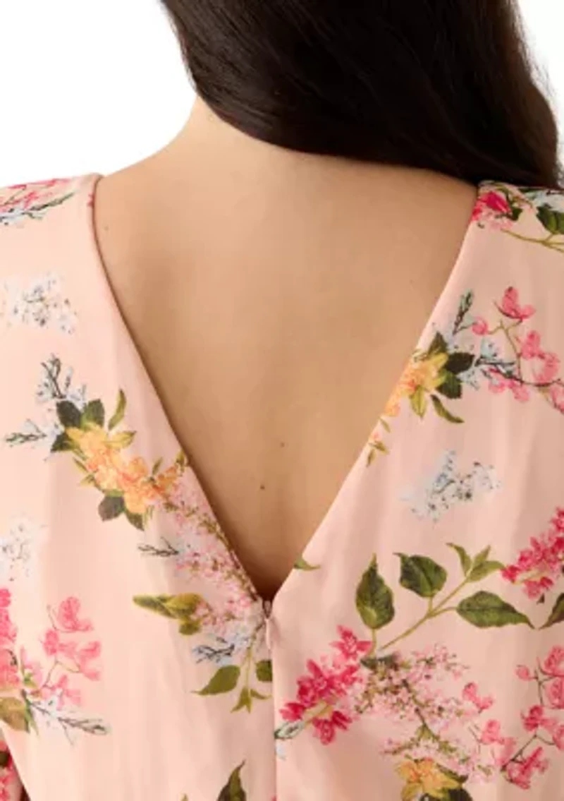 Plus Elbow Sleeve Pleated Floral Midi Dress