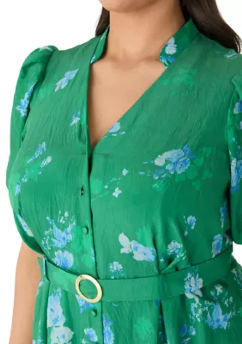 Plus Puff Sleeve Printed Chiffon Shirtdress