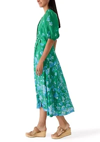 Women's Puff Sleeve Printed Chiffon Shirtdress