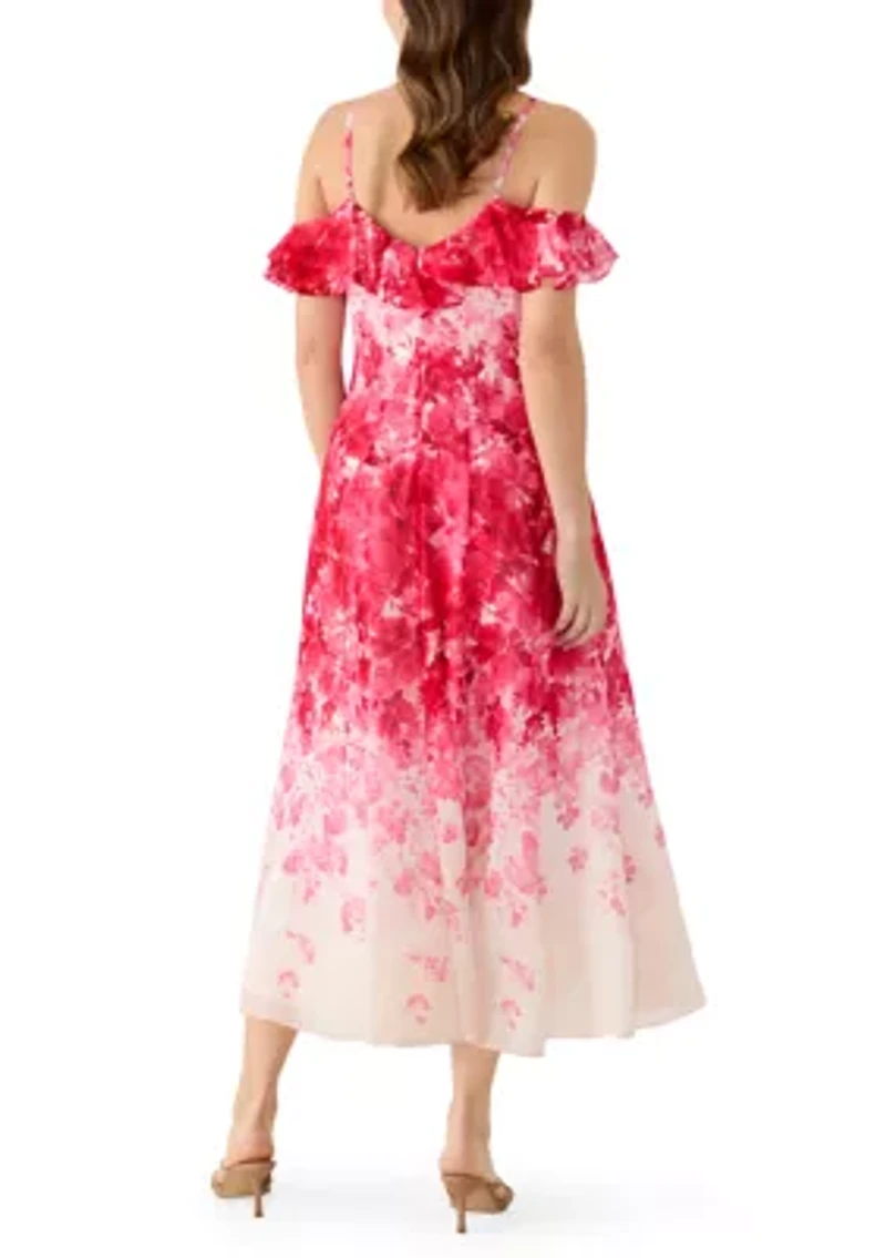 Women's Off the Shoulder Printed Chiffon Midi Dress