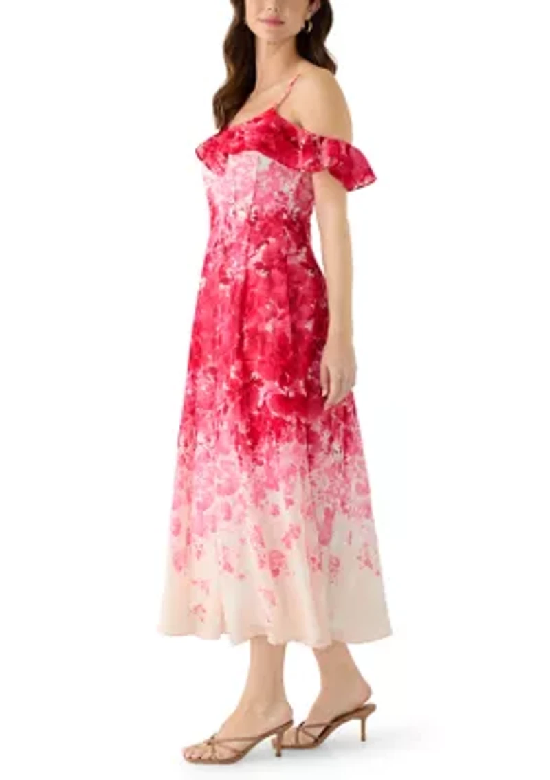 Women's Off the Shoulder Printed Chiffon Midi Dress