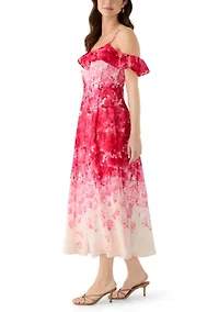 Women's Off the Shoulder Printed Chiffon Midi Dress