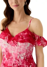 Women's Off the Shoulder Printed Chiffon Midi Dress