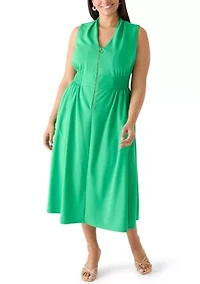 Plus V-Neck Zip Front Midi Dress
