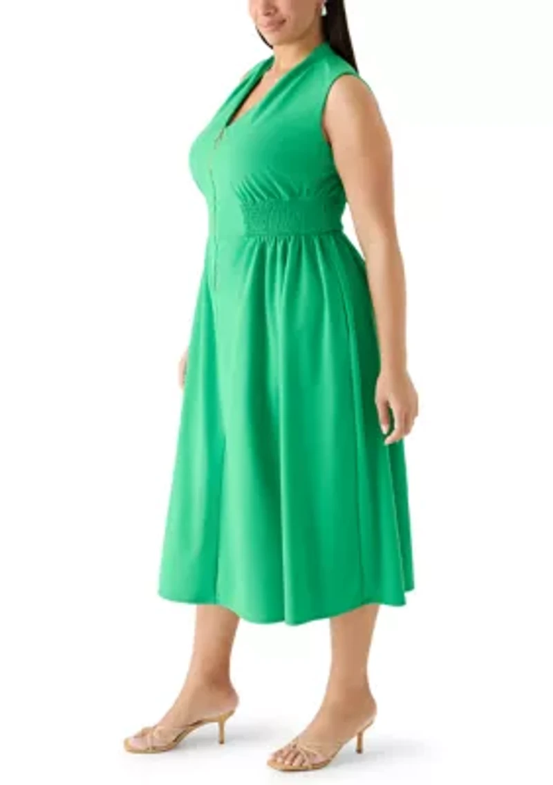 Plus V-Neck Zip Front Midi Dress
