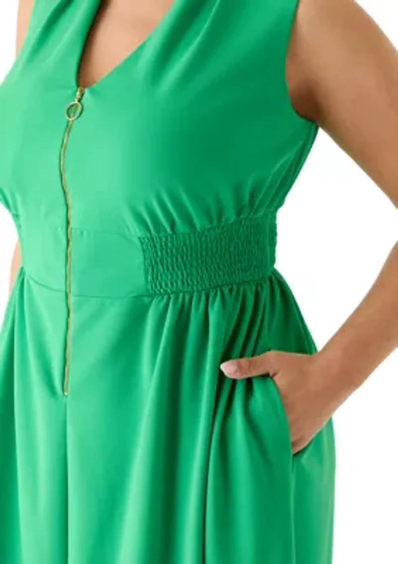 Plus V-Neck Zip Front Midi Dress