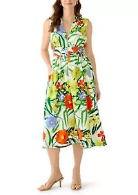 Women's Floral Front Zip Midi Dress
