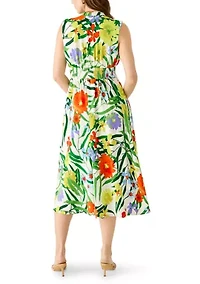 Women's Floral Front Zip Midi Dress
