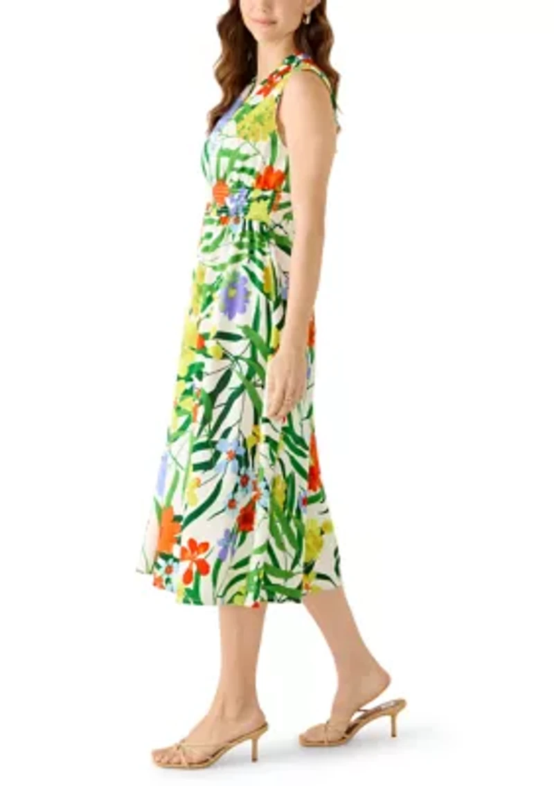 Women's Floral Front Zip Midi Dress